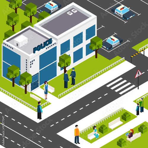 Police department station isometric poster 