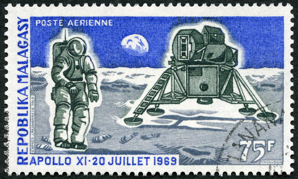 Fototapeta premium MALAGASY - 1969: Apollo 11 Lunar Landing Module and Man on Moon
