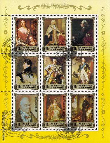 KOREA - CIRCA 1984: mail stamp printed in DPR Korea British monarchical: Queen Anne, George II, George IV, George III, William III, William IV, Queen Victoria, Albert Prince Consort of Queen Victoria photo