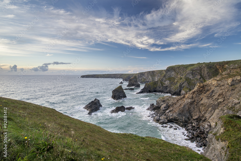 Landscape of Bedruthan Steps on Cornwall coastline in England