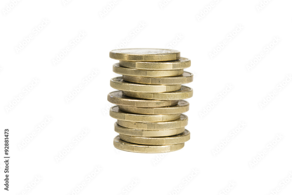 row of coins, isolated on white