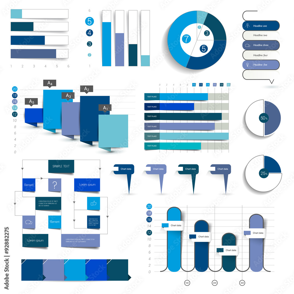 Collection of charts, graphs, flowcharts. Infographics in blue color. Stock Vector Adobe Stock