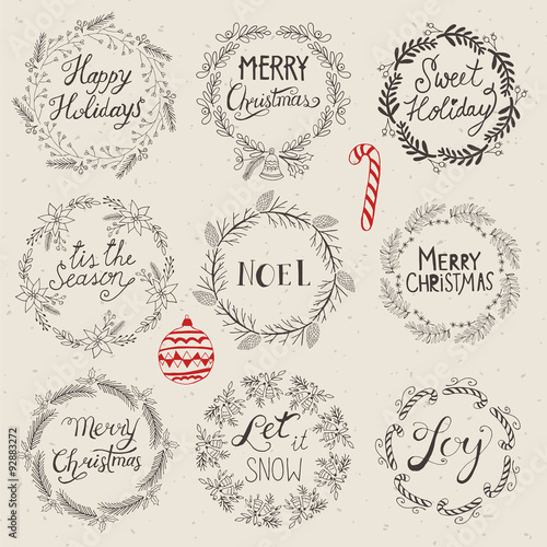 Christmas wreath set for logo design. Hand drawing vector illust