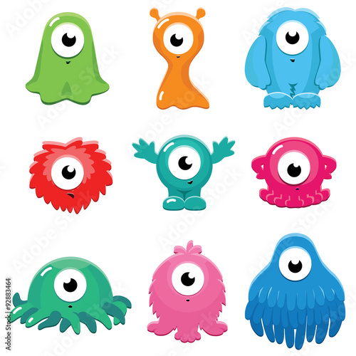 Set of funny colorful cartoon one-eye monsters isolated on white