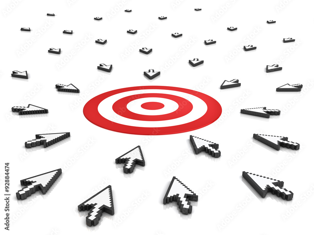 Fototapeta premium Many arrow cursors mouse aiming to target or dart board isolated on white background with reflection