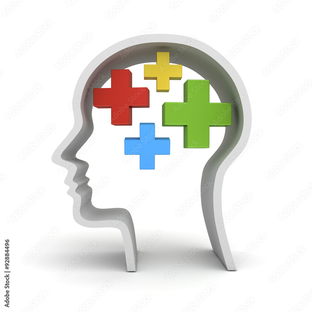Colorful plus signs in human head shape isolated over white background the positive thinking concept
