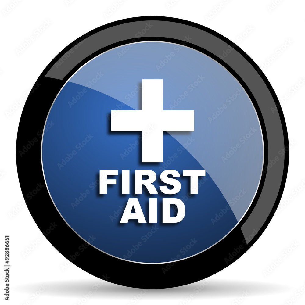 Fototapeta premium first aid blue circle glossy web icon on white background, round button for internet and mobile app