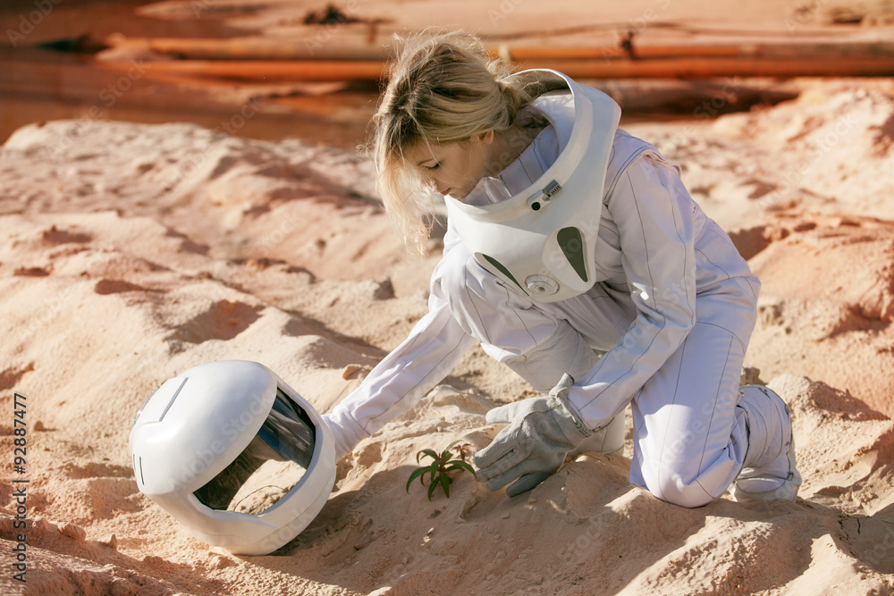 Fototapeta premium Grow plants on Mars, futuristic astronaut without a helmet