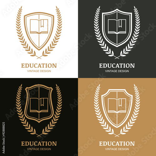 Open book, shield and laurel wreath linear symbol.