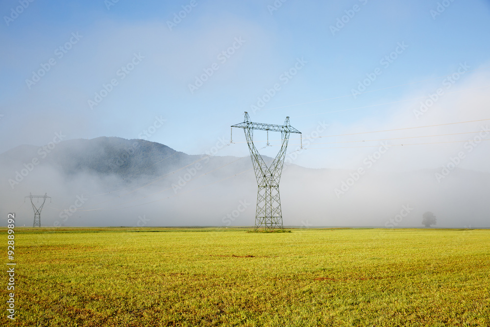 Big electricity high voltage pylon with power lines