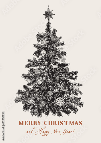 Christmas tree. Vector vintage illustration. Black and white. Merry Christmas And Happy New Year. Greeting card.