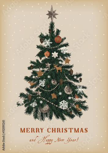 Christmas tree. Vector vintage illustration. Merry Christmas And Happy New Year. Greeting card.