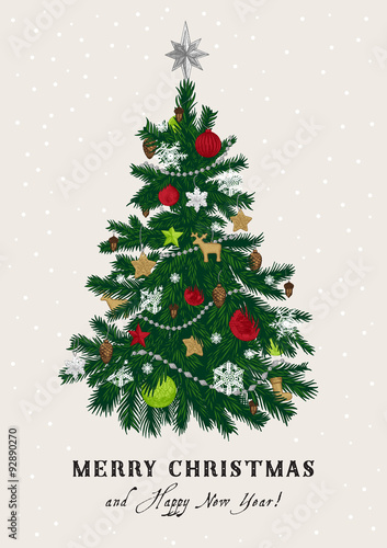 Christmas tree. Vector vintage illustration. Merry Christmas And Happy New Year. Greeting card. Green and red.