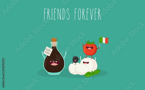 Balsamic vinegar in the bottle and mozzarella cheese. Comic characters. Vector cartoon.