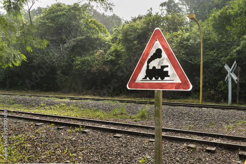 Train Tracks and Signpost at Iguazu Park in Argentina