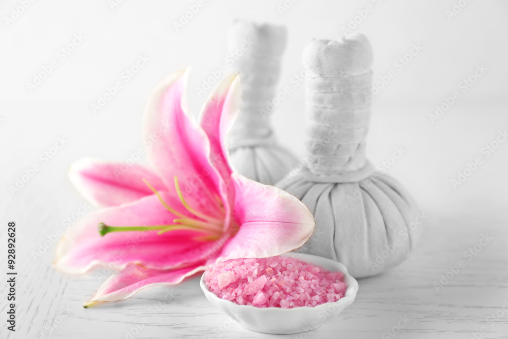 Beautiful spa composition on wooden table Beautiful spa composition on wooden table