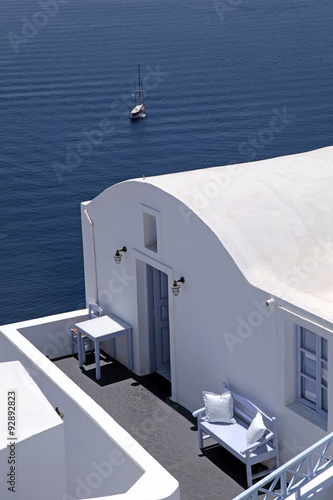 Traditional white house and sea view terrace  Oia  Santorini isl