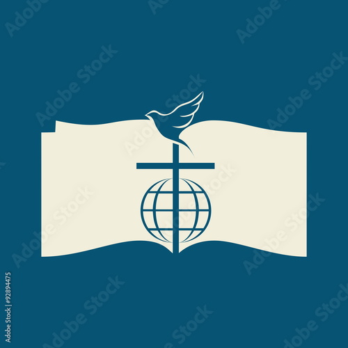 Dove, cross, globe, open Bible, icon