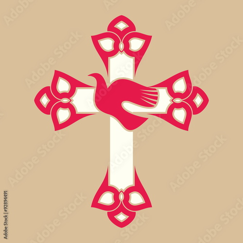 Red and white cross with dove