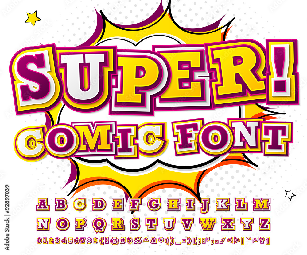 Colorful high detail comic font, alphabet. Comics, pop art