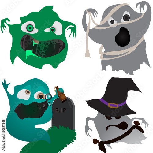 Ghosts / Four of the ghosts. First is green stinking ghost. Second is a ghost of the mummy, Third is drunk ghost with a bottle in his hand leaning on a tombstone, and fourth is the cowboy ghost.
