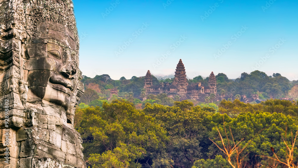 Obraz premium kamienny pomnik twarze Angkor Wat, Siem Reap, Kambodża.