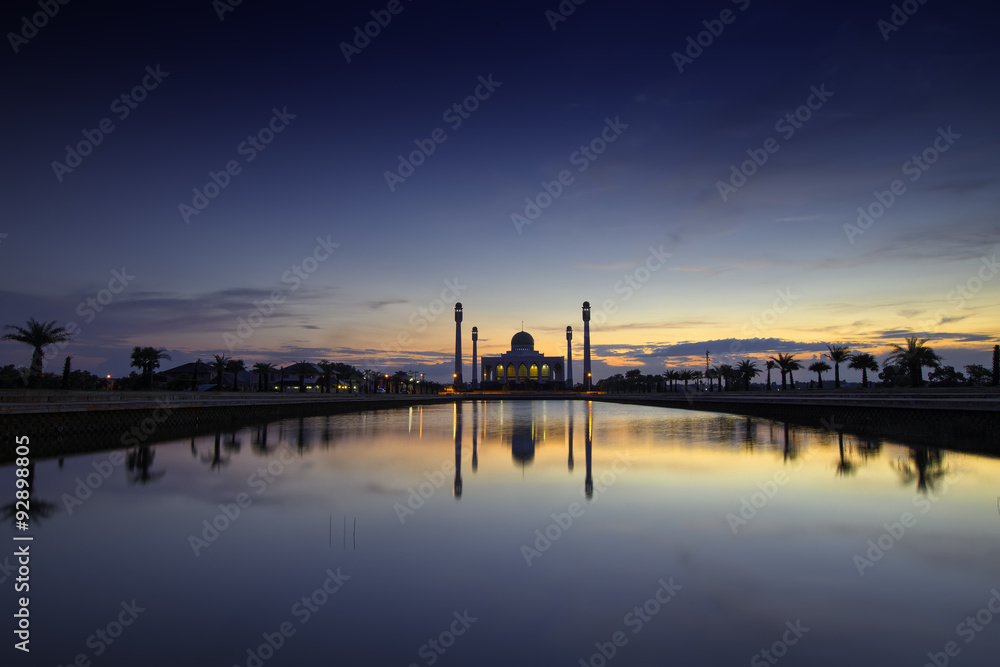 Twilight on mosque reflections on the water
