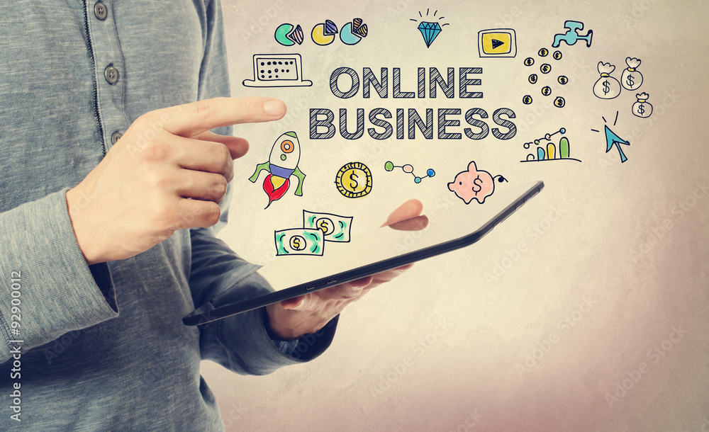 Young man pointing at  Online Business concept