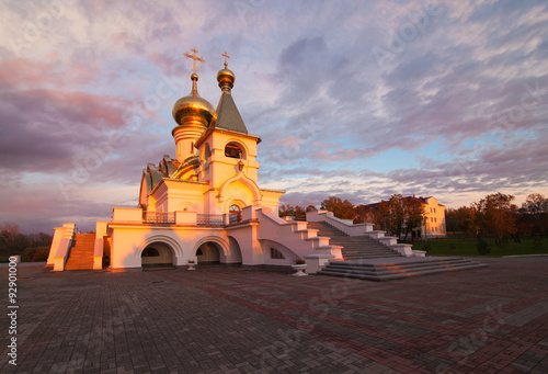 Serafim Sarovsky temple on sunset in Khabarovsk, Russia photo