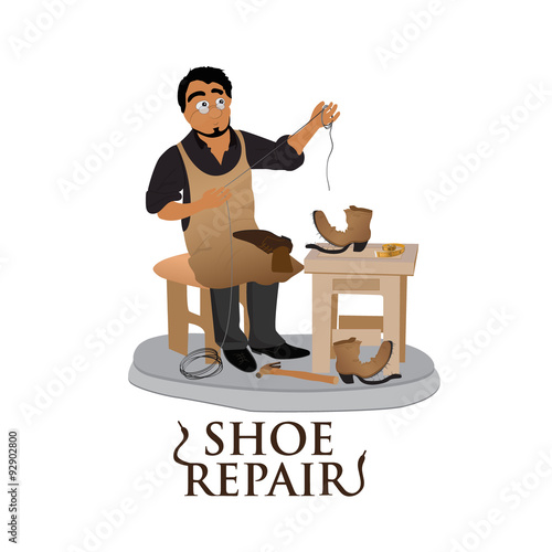 shoemaker, cobbler, shoe repair, work, flat vector illustration, banner, app