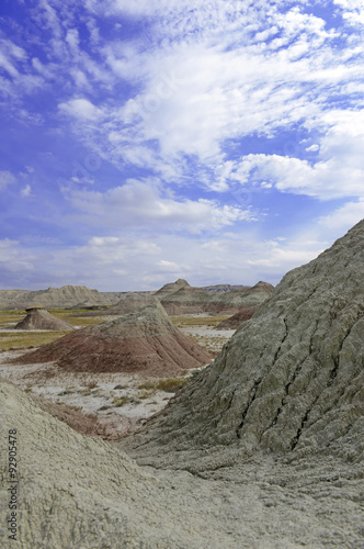 Badlands landscape  formed by deposition and erosion by wind and water  contains some of the richest fossil beds in the world  Badlands National Park  South Dakota  USA