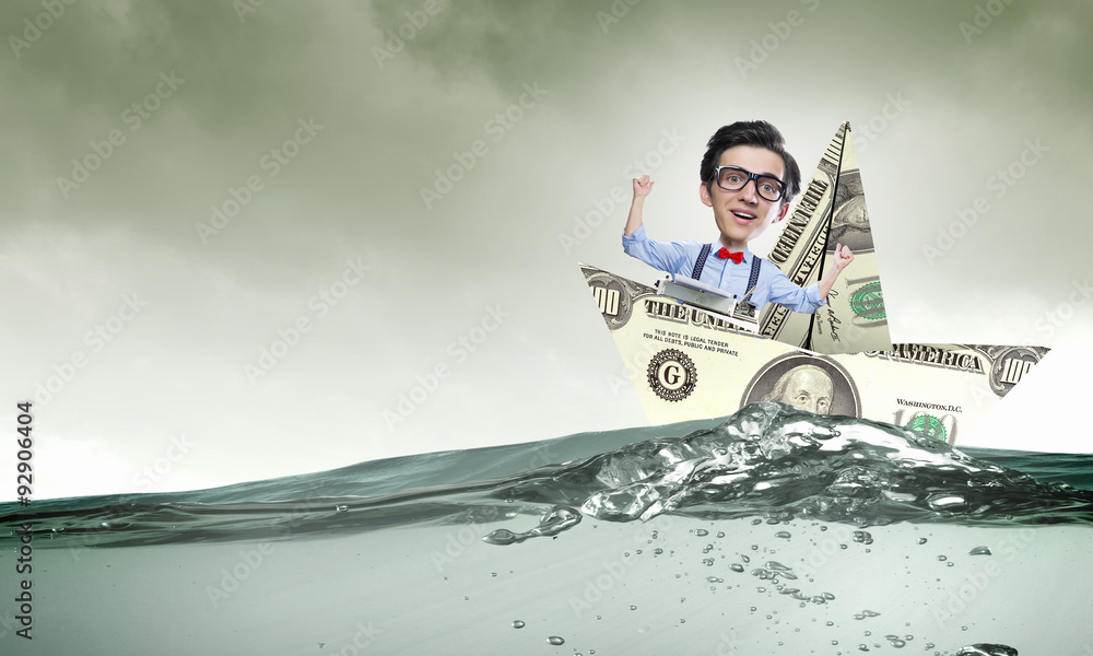 Naklejka premium Man in dollar boat