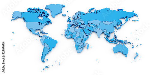 Detail world map with national borders, 3d render