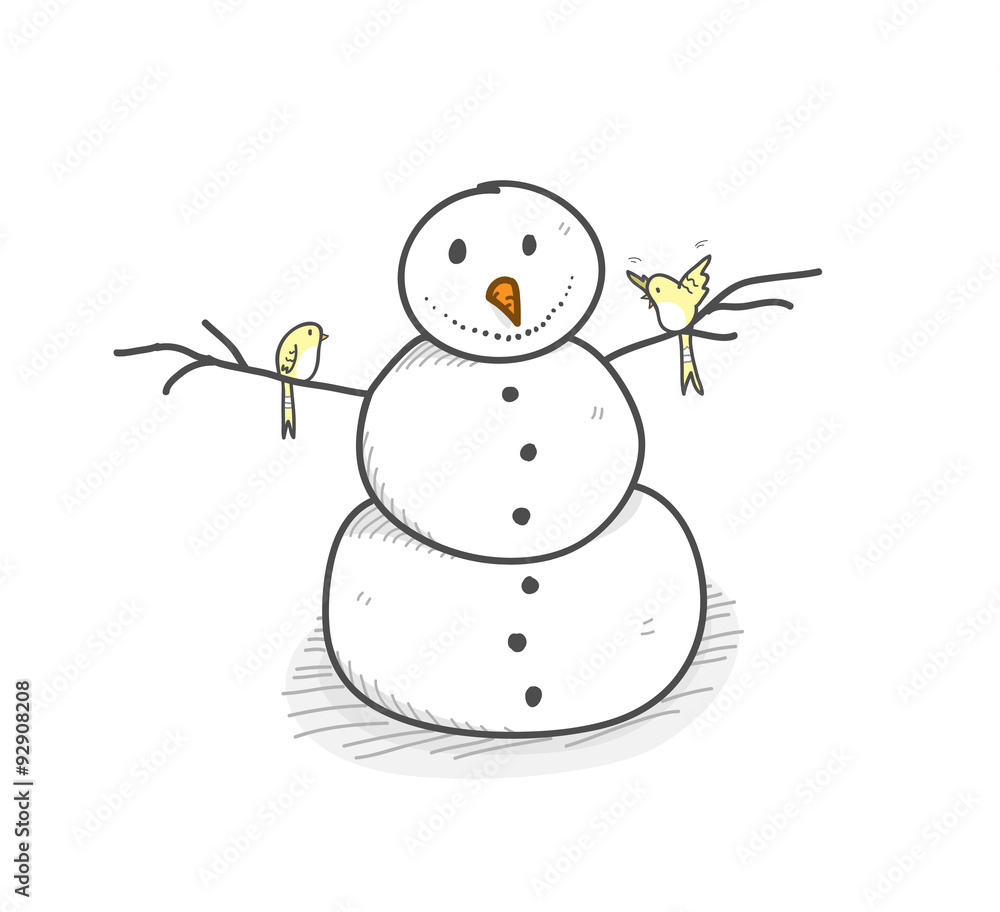 Snowman, a hand drawn vector illustration of a smiling snowman got visited by 2 cute birds. Snowman, a hand drawn vector illustration of a smiling snowman got visited by 2 cute birds.