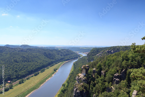 Fototapeta Naklejka Na Ścianę i Meble -  Panorama view to river Elbe from rocks Bastei in Rathen, Saxon Switzerland