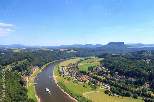 Panorama view from Bastei to river Elbe and table mountain Lilienstein and Rathen, Saxon Switzerland