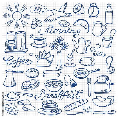 Hand drawn doodle breakfast set