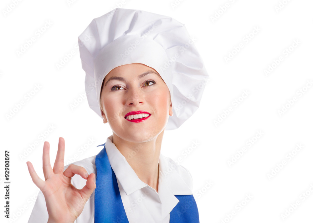 young smiling woman chef isolated on a white. young smiling woman chef isolated on a white.