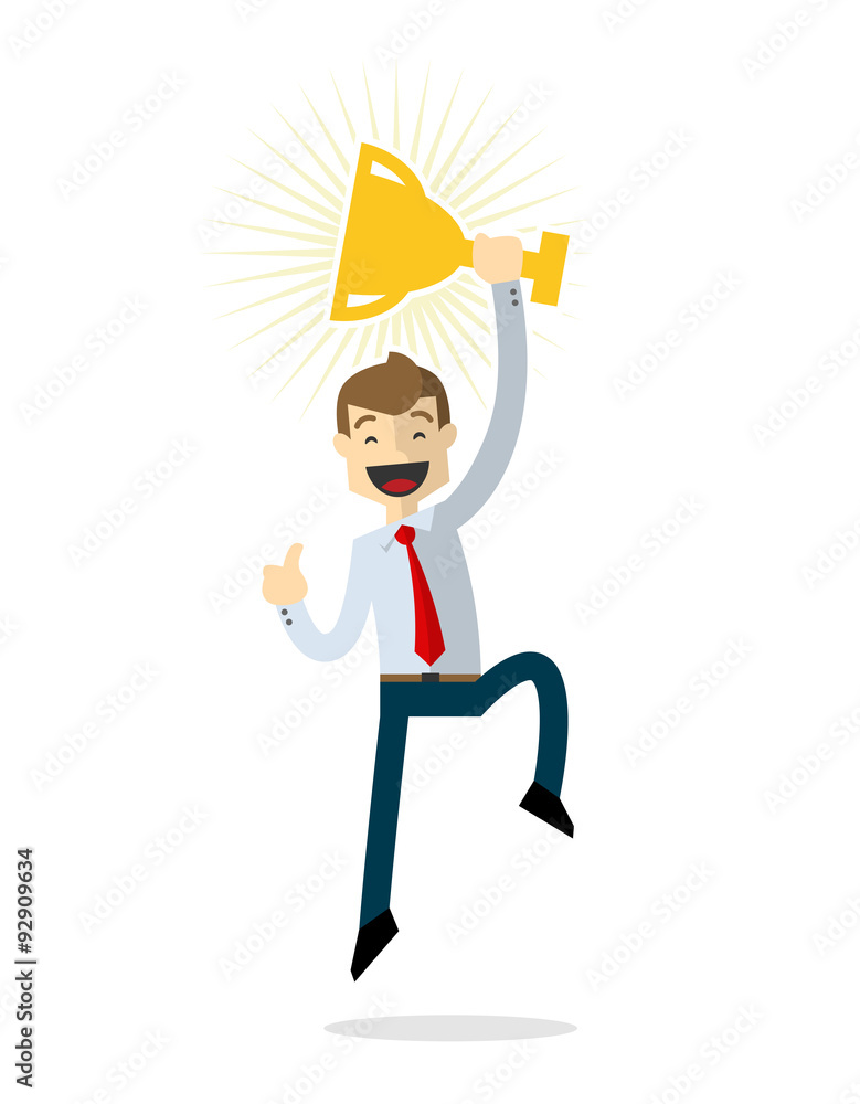 Vector of Businessman happy, jump, and hold a cup Vector of Businessman happy, jump, and hold a cup