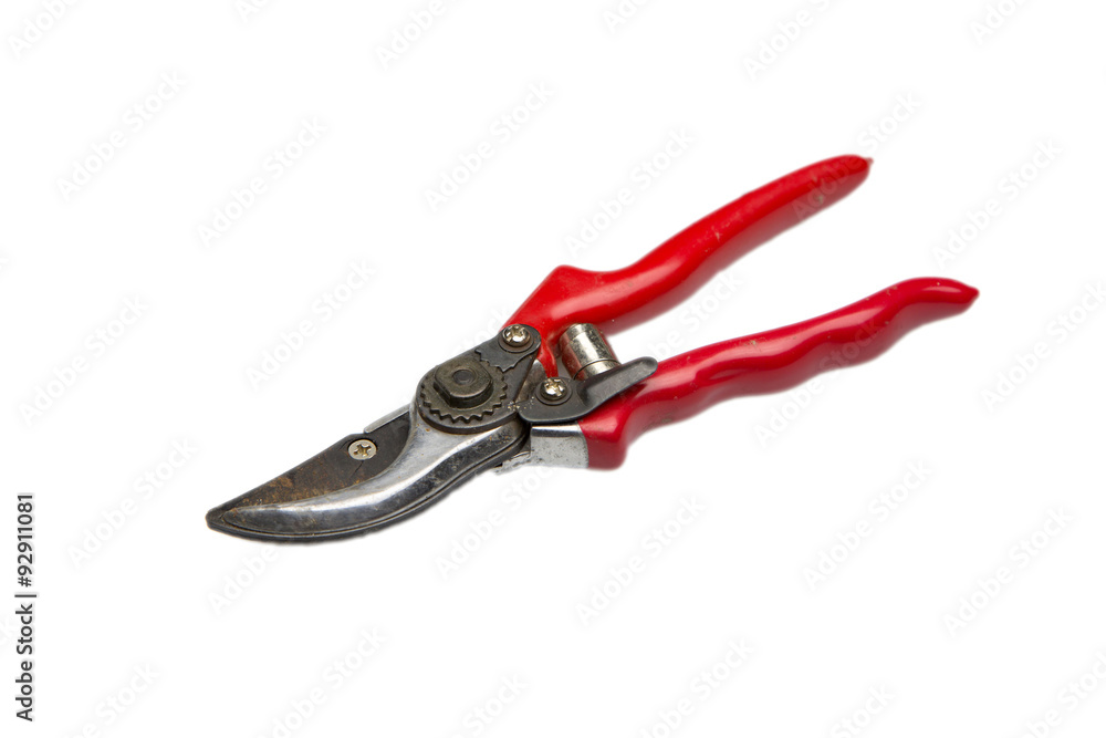 Old red garden secateurs isolated on a white background Old red garden secateurs isolated on a white background