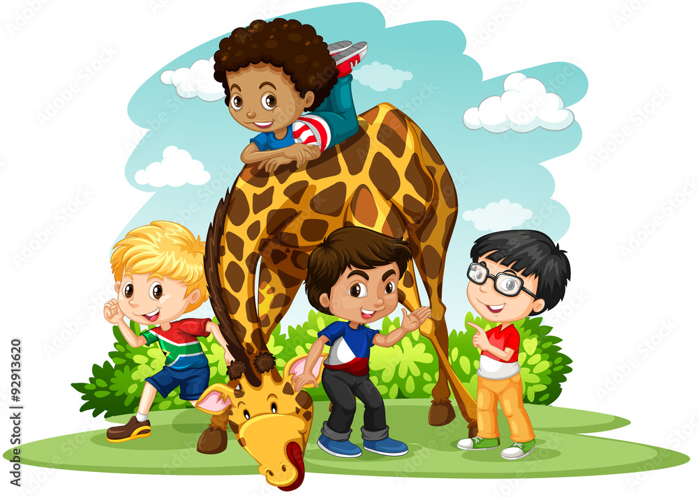 Children playing with giraffe