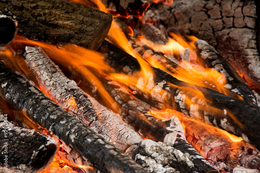 Burning wood in the fireplace, preparation of charcoal Burning wood in the fireplace, preparation of charcoal