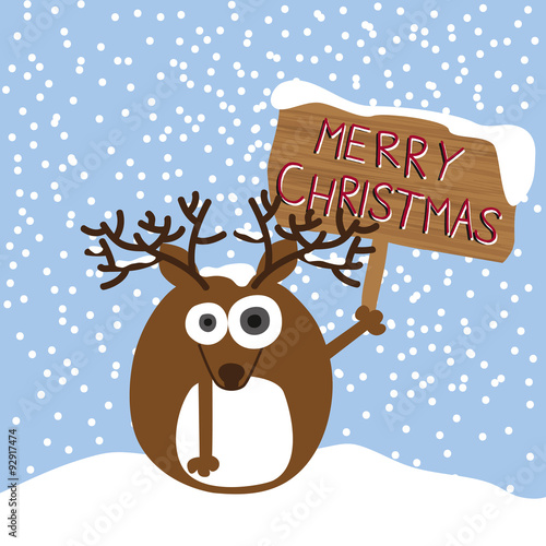 Reindeer holding up sign with christmas greeting. Vector design.
