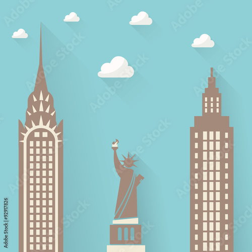 Statue of Liberty on the background of the city skyscrapers. clouds