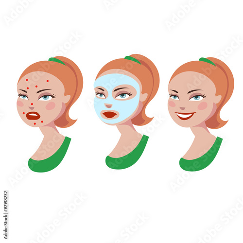 Cartoon girl with skin problem. Cosmetic product against acne