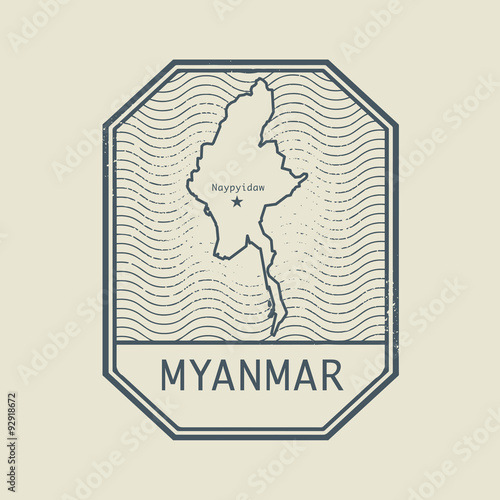Stamp with the name and map of Myanmar