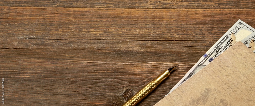 Εκτύπωση καμβά Wood Empty Background With Notebook, Money  And Golden Pen