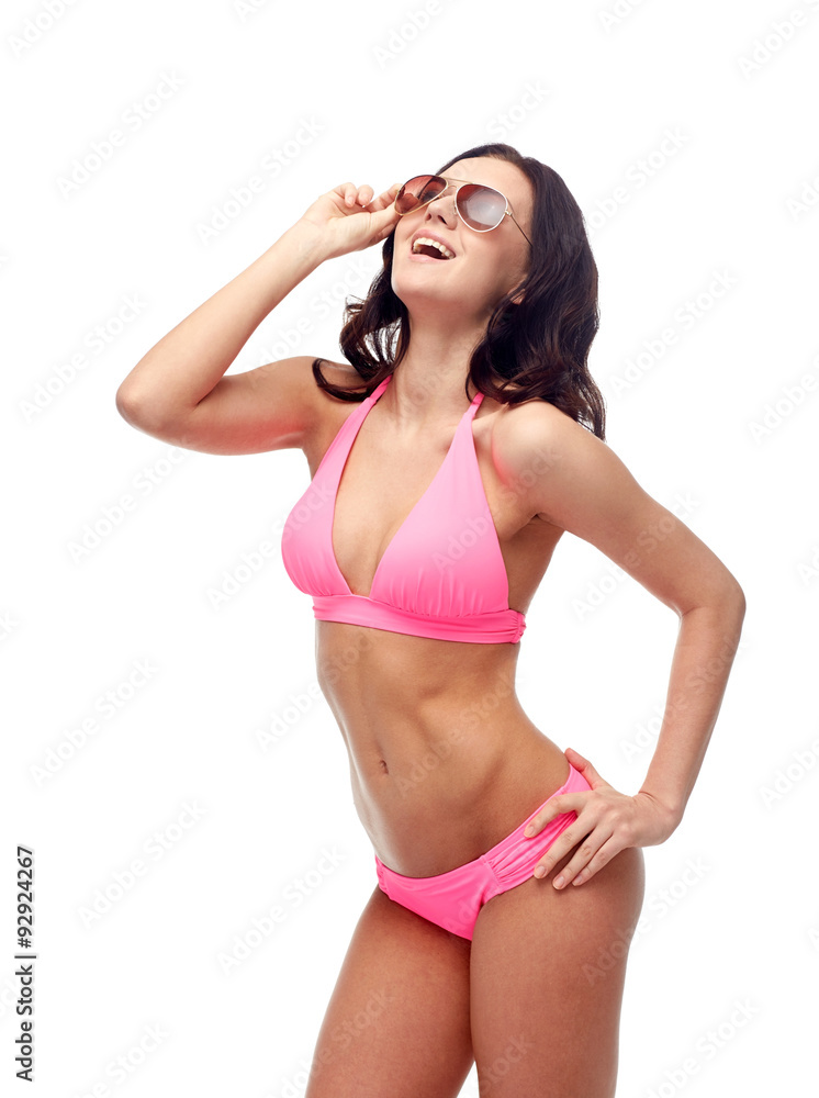 happy woman in sunglasses and bikini swimsuit happy woman in sunglasses and bikini swimsuit