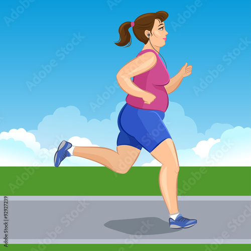 Active fat young jogging woman, loss weight cardio training