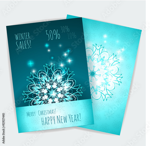Winter sale.Design vector template layout for leaflets,fayer,card magazine, horizontal format. Blue colors.Merry Christmas and happy New year. Silver snowflake on a dark green and a light background. photo